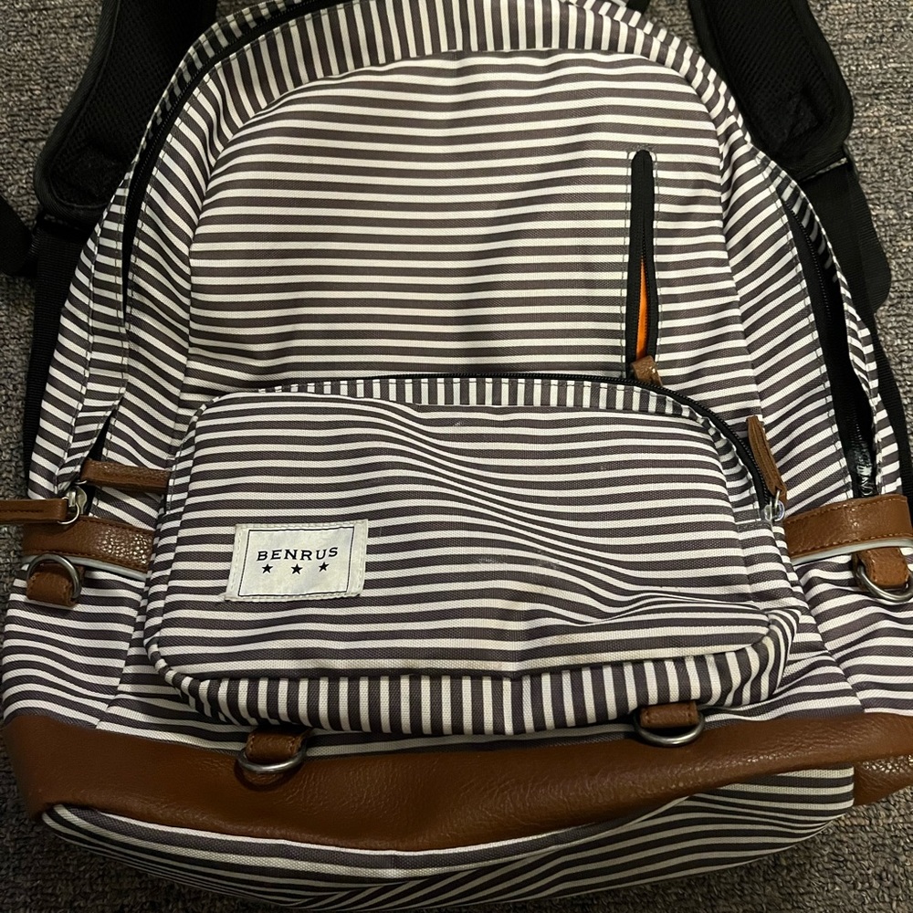 Benrus Backpack White Stripes Brown Faux Leather bag